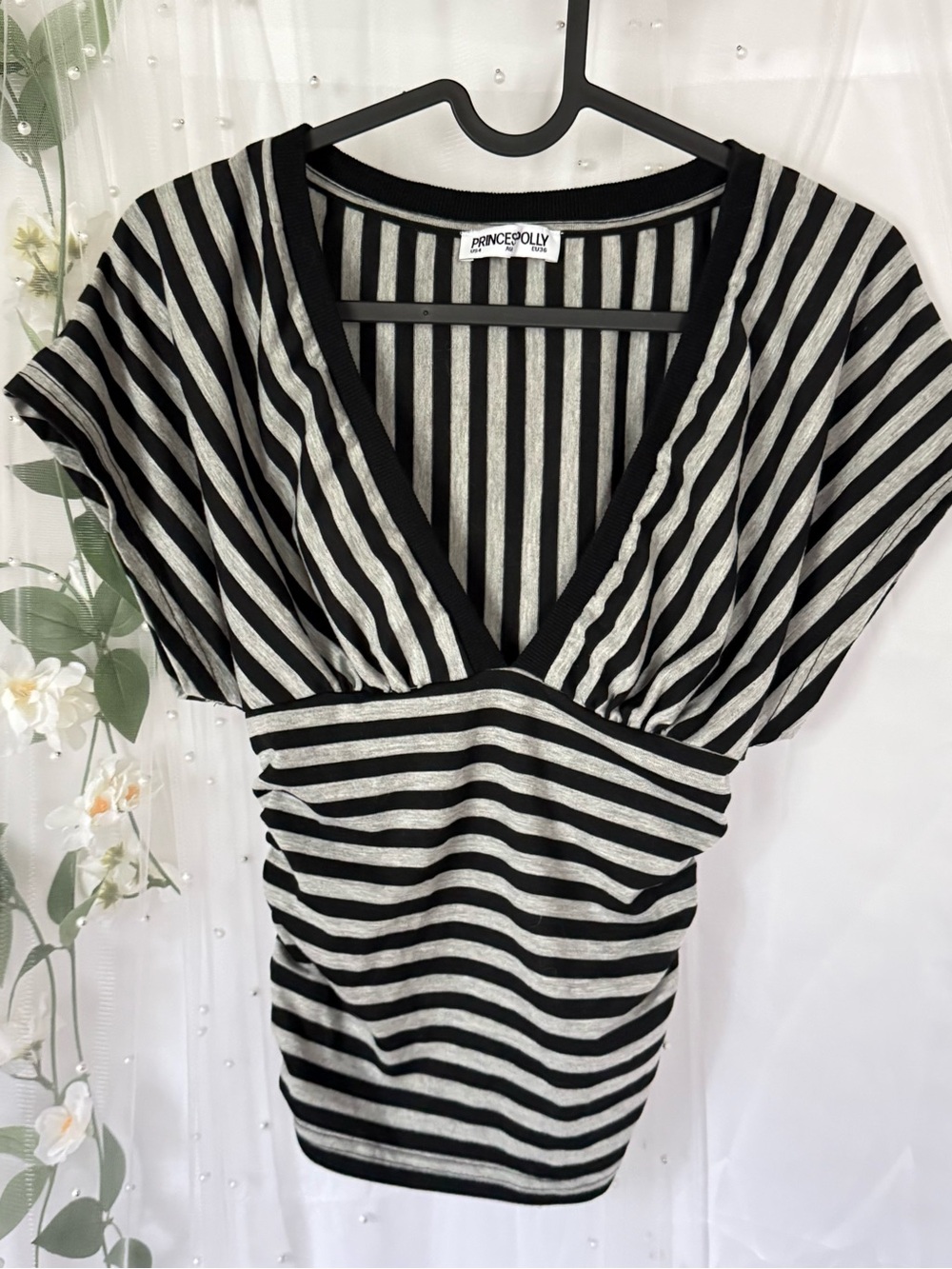 Princess Polly Y2K Vibe Black and Gray Striped V-Neck Top